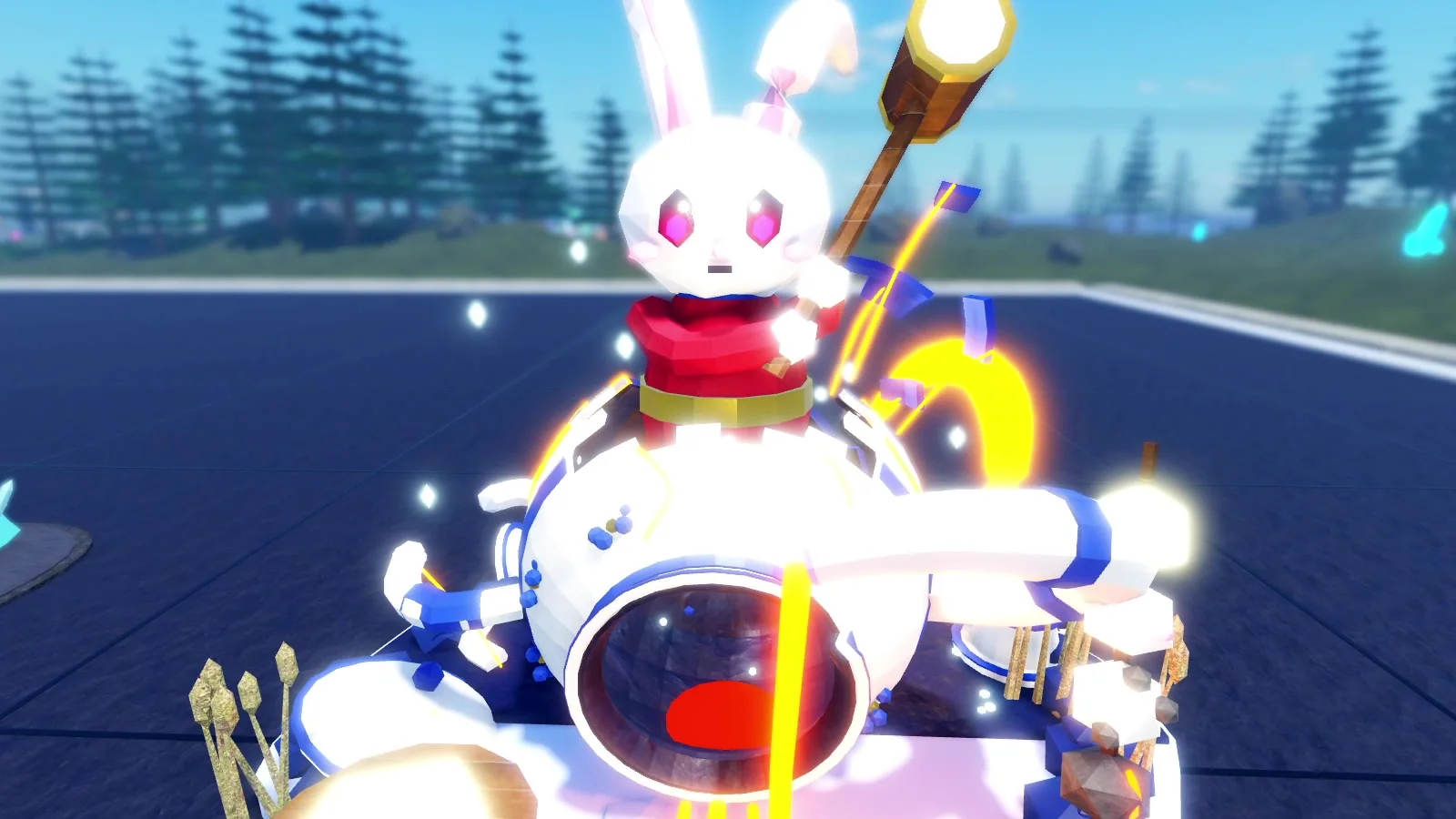 A white rabbit machine holding a golden mallet